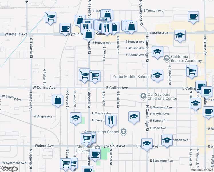 map of restaurants, bars, coffee shops, grocery stores, and more near 317 East Collins Avenue in Orange