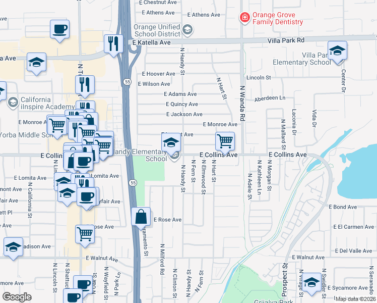 map of restaurants, bars, coffee shops, grocery stores, and more near 2517 East Collins Avenue in Orange
