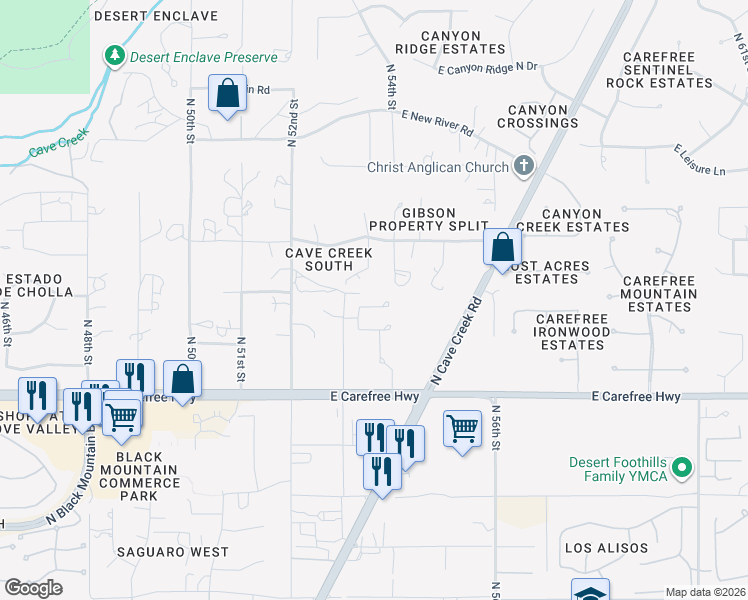 map of restaurants, bars, coffee shops, grocery stores, and more near 34801 North 53rd Street in Cave Creek