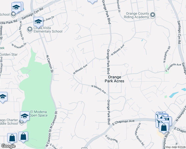 map of restaurants, bars, coffee shops, grocery stores, and more near 10991 Madrid in Orange