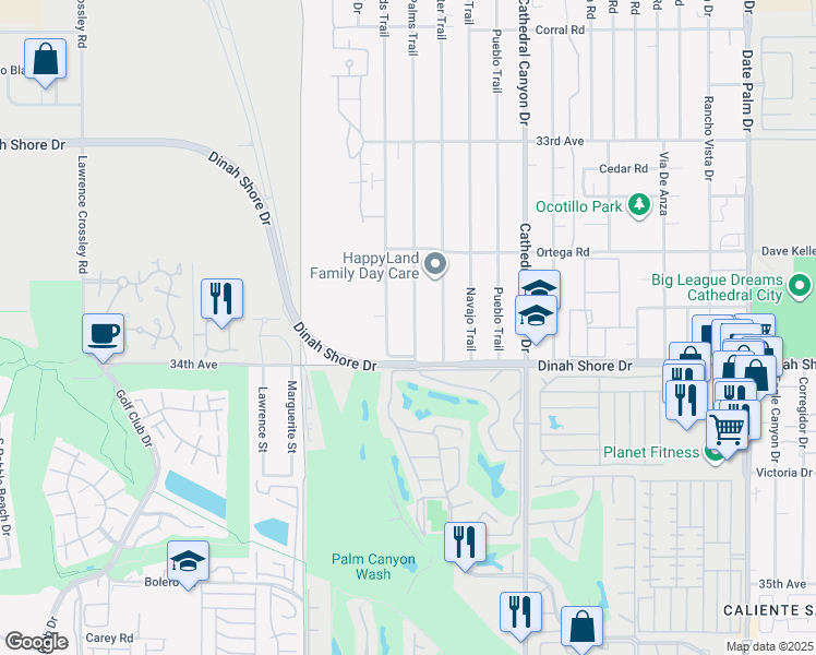 map of restaurants, bars, coffee shops, grocery stores, and more near 33861 Whispering Palms Trail in Cathedral City