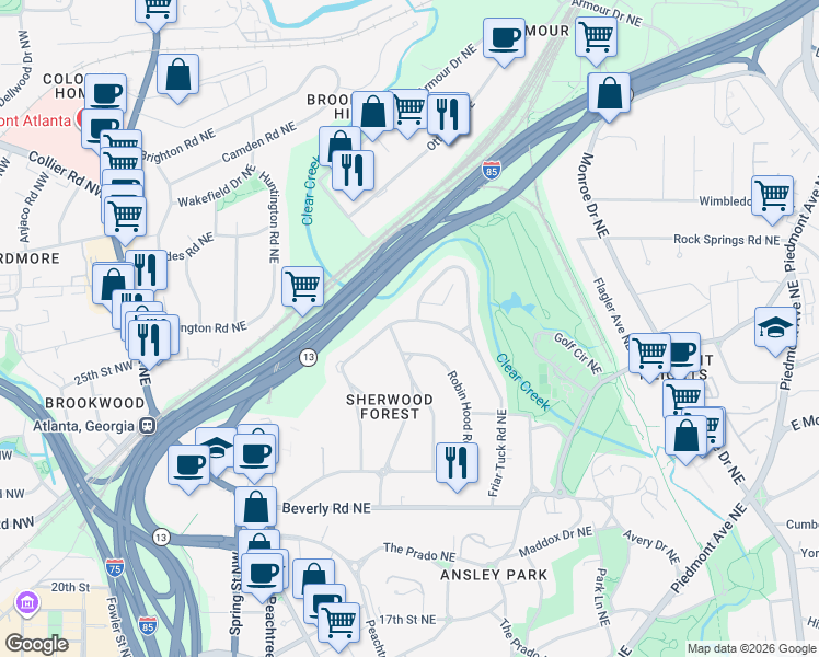 map of restaurants, bars, coffee shops, grocery stores, and more near 1780 Friar Tuck Road Northeast in Atlanta