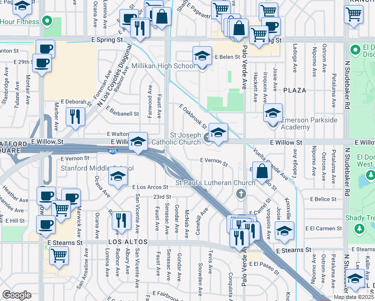 map of restaurants, bars, coffee shops, grocery stores, and more near 2500 Gondar Avenue in Long Beach