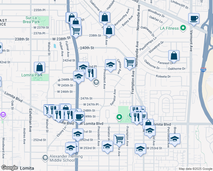map of restaurants, bars, coffee shops, grocery stores, and more near 24420 President Avenue in Los Angeles