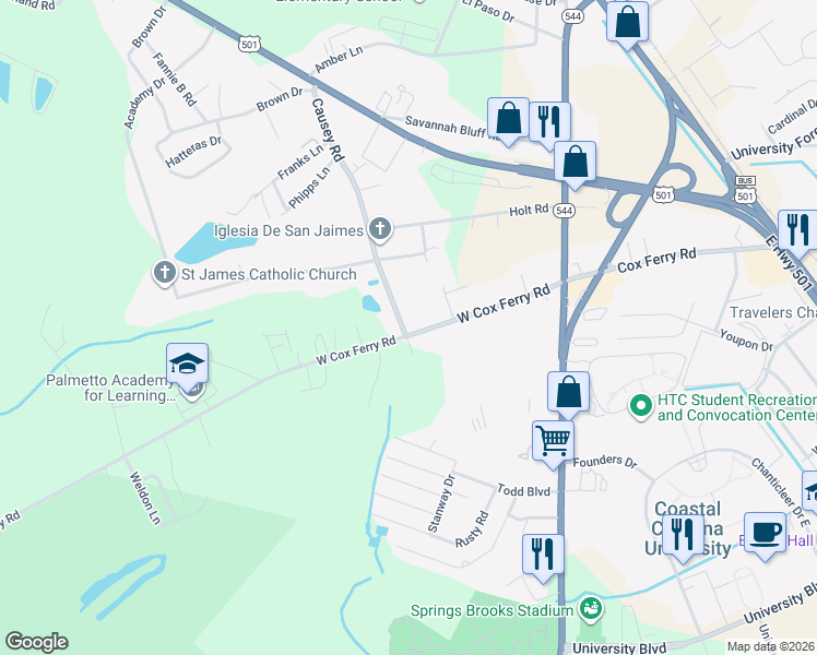 map of restaurants, bars, coffee shops, grocery stores, and more near 590 West Cox Ferry Road in Conway