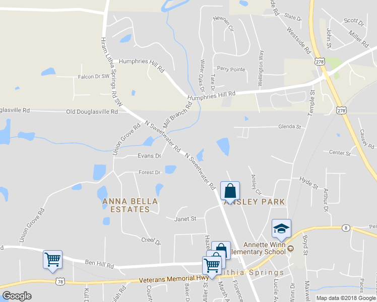 map of restaurants, bars, coffee shops, grocery stores, and more near 6270 North Sweetwater Road in Lithia Springs