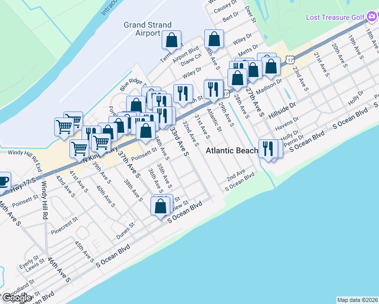 map of restaurants, bars, coffee shops, grocery stores, and more near 614 33rd Avenue South in North Myrtle Beach