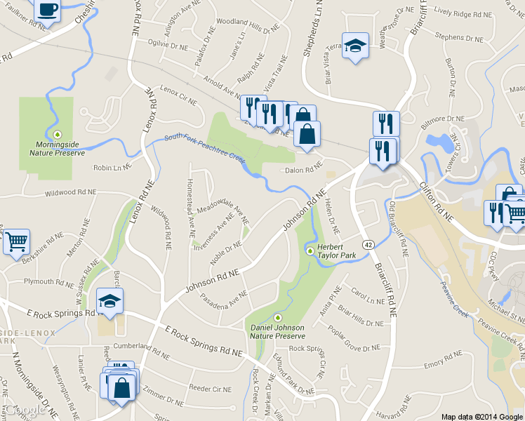 map of restaurants, bars, coffee shops, grocery stores, and more near 1750 Noble Dr NE in Atlanta