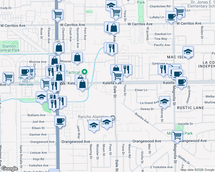 map of restaurants, bars, coffee shops, grocery stores, and more near 8422 Katella Avenue in Stanton