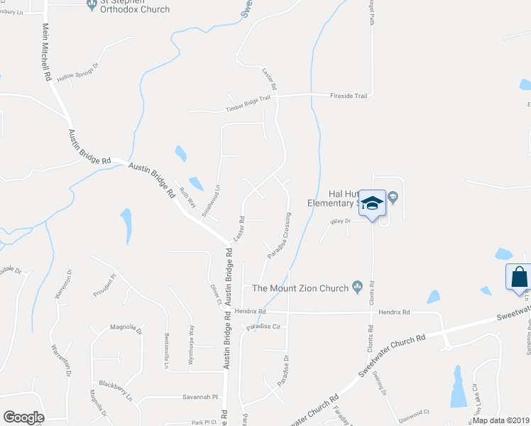 map of restaurants, bars, coffee shops, grocery stores, and more near 77 Austin Bridge Lane in Douglasville