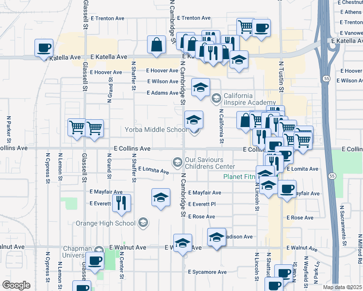 map of restaurants, bars, coffee shops, grocery stores, and more near 841 East Collins Avenue in Orange