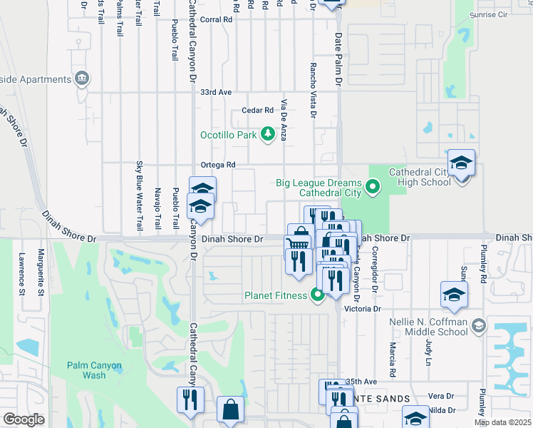 map of restaurants, bars, coffee shops, grocery stores, and more near Vía Altamira in Cathedral City