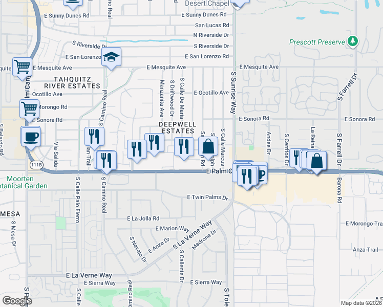 map of restaurants, bars, coffee shops, grocery stores, and more near 1631 Palm Tree Drive in Palm Springs