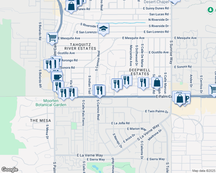 map of restaurants, bars, coffee shops, grocery stores, and more near 1550 South Camino Real in Palm Springs