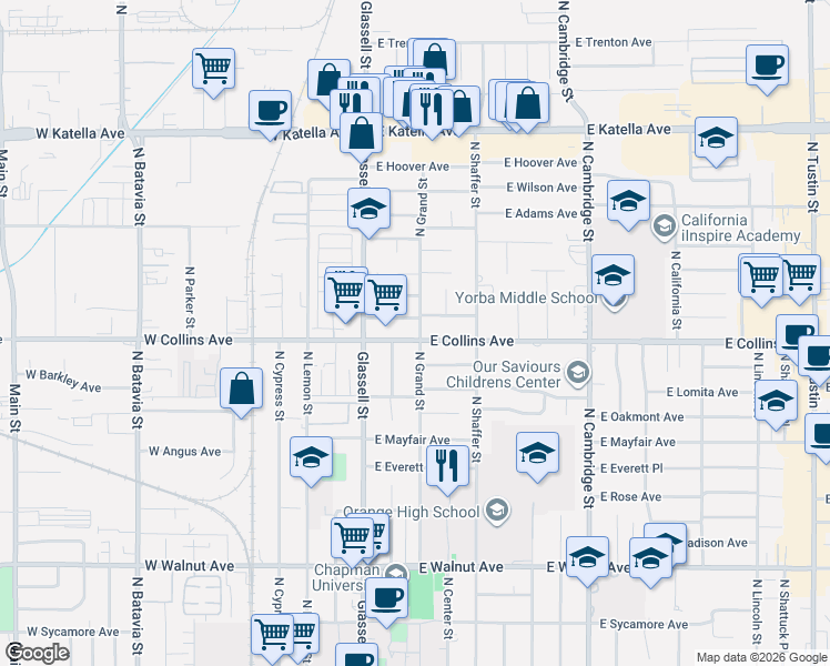 map of restaurants, bars, coffee shops, grocery stores, and more near 317 East Collins Avenue in Orange