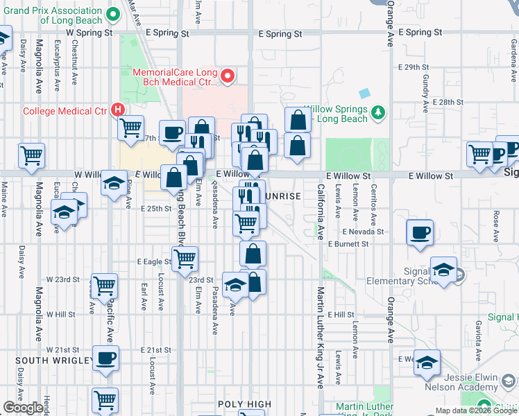 map of restaurants, bars, coffee shops, grocery stores, and more near 2491 Atlantic Avenue in Long Beach