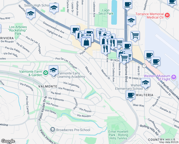 map of restaurants, bars, coffee shops, grocery stores, and more near 4121 Mesa Street in Torrance