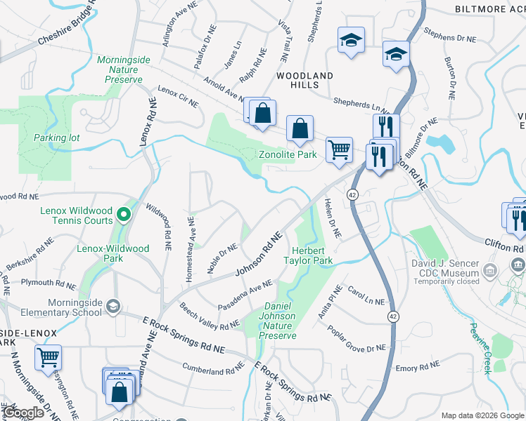 map of restaurants, bars, coffee shops, grocery stores, and more near 1750 Noble Drive Northeast in Atlanta