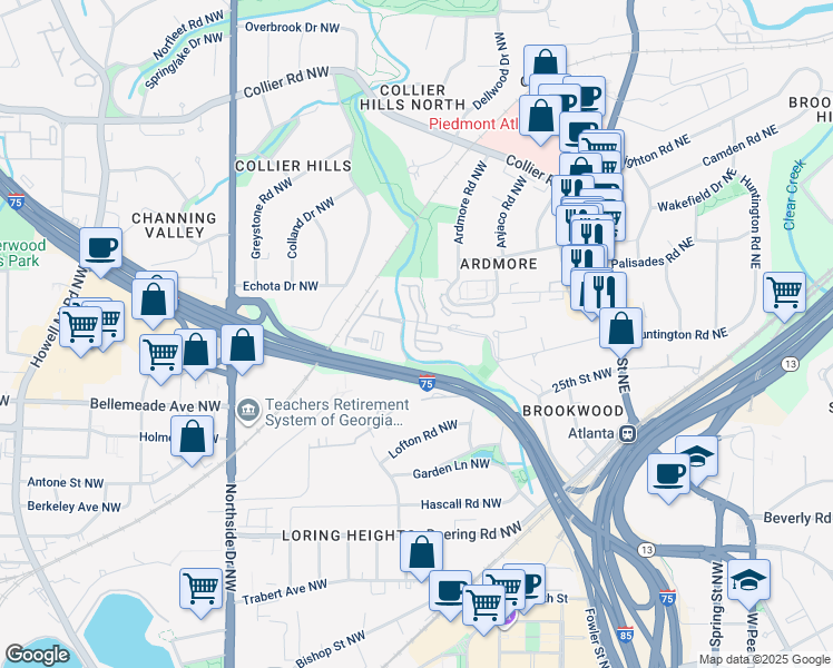 map of restaurants, bars, coffee shops, grocery stores, and more near 216 Semel Drive in Atlanta