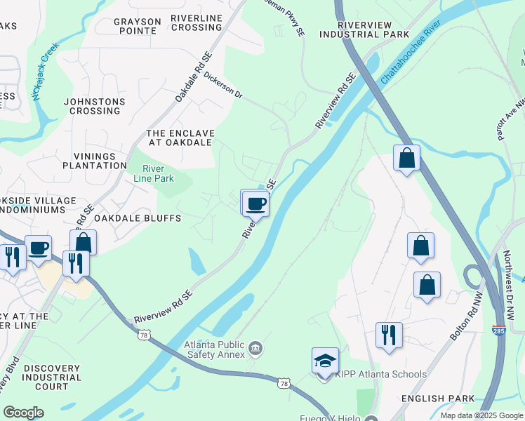 map of restaurants, bars, coffee shops, grocery stores, and more near 6160 Riverview Road Southeast in Mableton