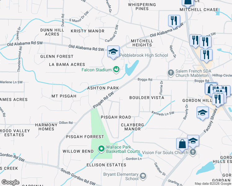 map of restaurants, bars, coffee shops, grocery stores, and more near 6201 Pisgah Road Southwest in Mableton