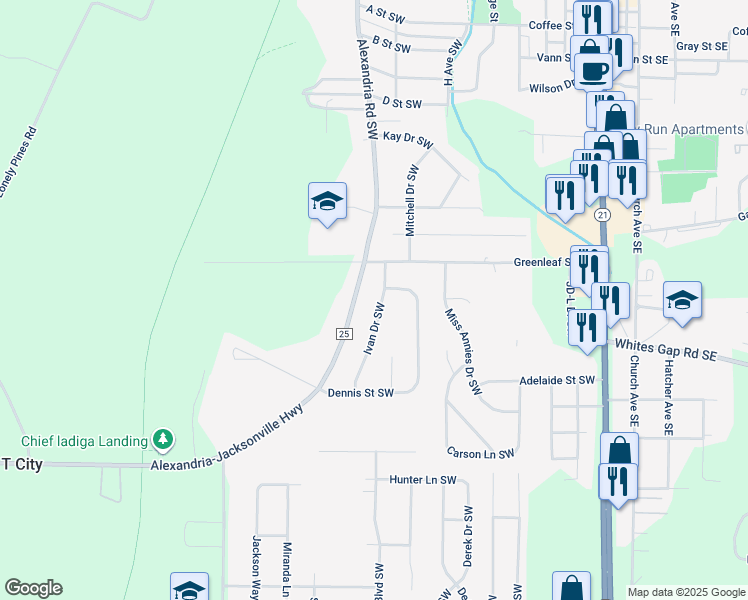 map of restaurants, bars, coffee shops, grocery stores, and more near 909 Ivan Drive Southwest in Jacksonville