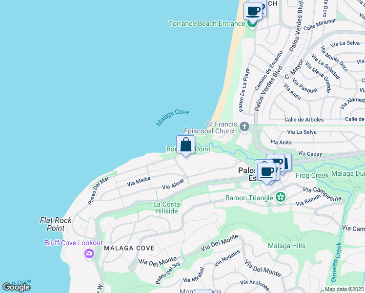 map of restaurants, bars, coffee shops, grocery stores, and more near 389 Paseo Del Mar in Palos Verdes Estates