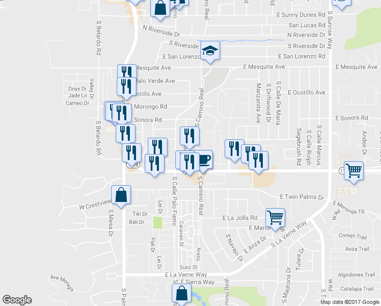map of restaurants, bars, coffee shops, grocery stores, and more near 1555 South Camino Real in Palm Springs