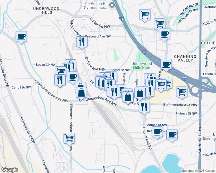 map of restaurants, bars, coffee shops, grocery stores, and more near 1740 Defoor Place Northwest in Atlanta