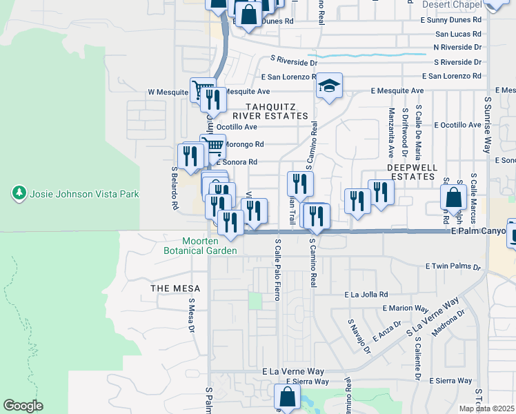 map of restaurants, bars, coffee shops, grocery stores, and more near 435 East Avenida Olancha in Palm Springs