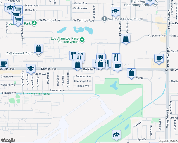 map of restaurants, bars, coffee shops, grocery stores, and more near 5182 Katella Avenue in Cypress