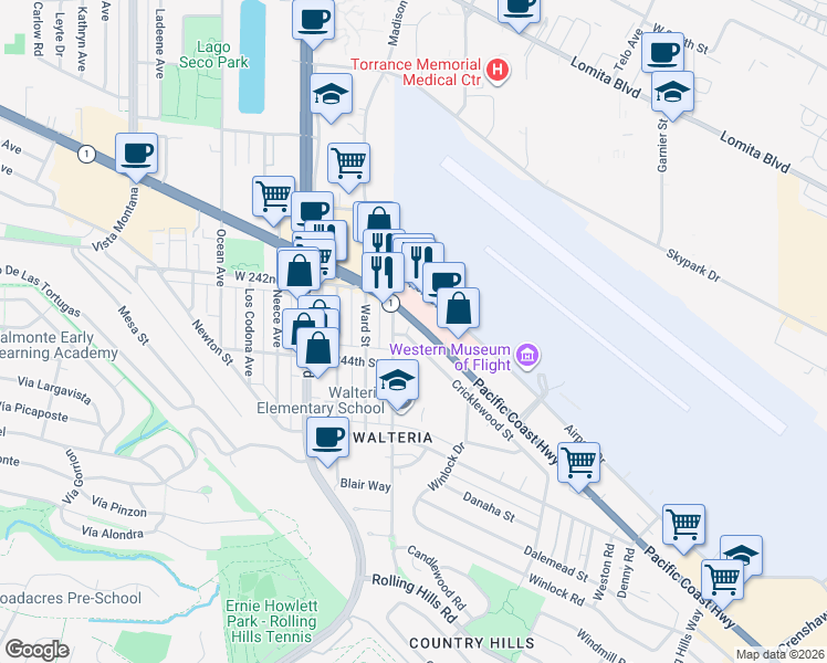 map of restaurants, bars, coffee shops, grocery stores, and more near 3527 Cricklewood Street in Torrance