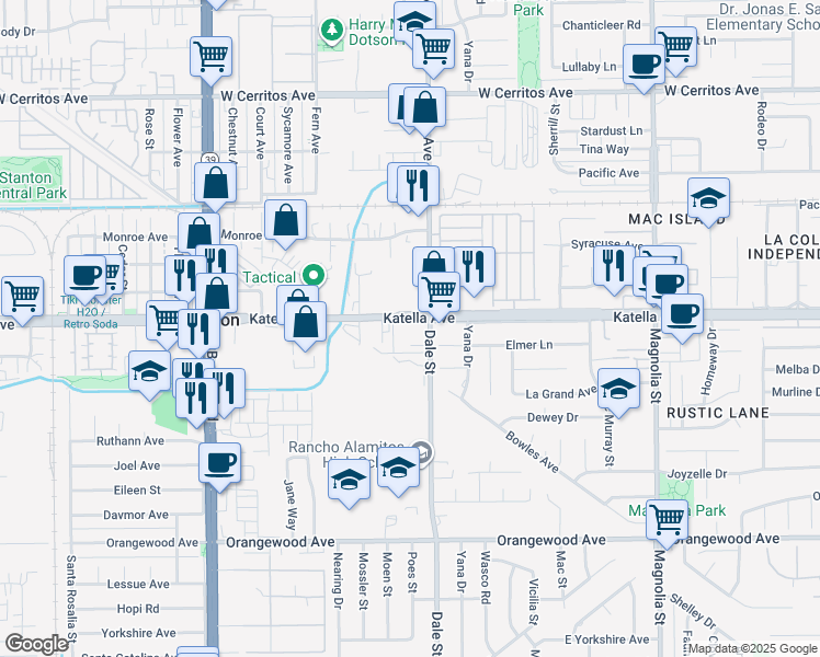 map of restaurants, bars, coffee shops, grocery stores, and more near 8452 Katella Avenue in Stanton