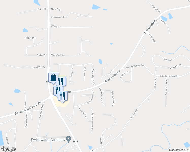 map of restaurants, bars, coffee shops, grocery stores, and more near 106 Water Way Trail in Powder Springs