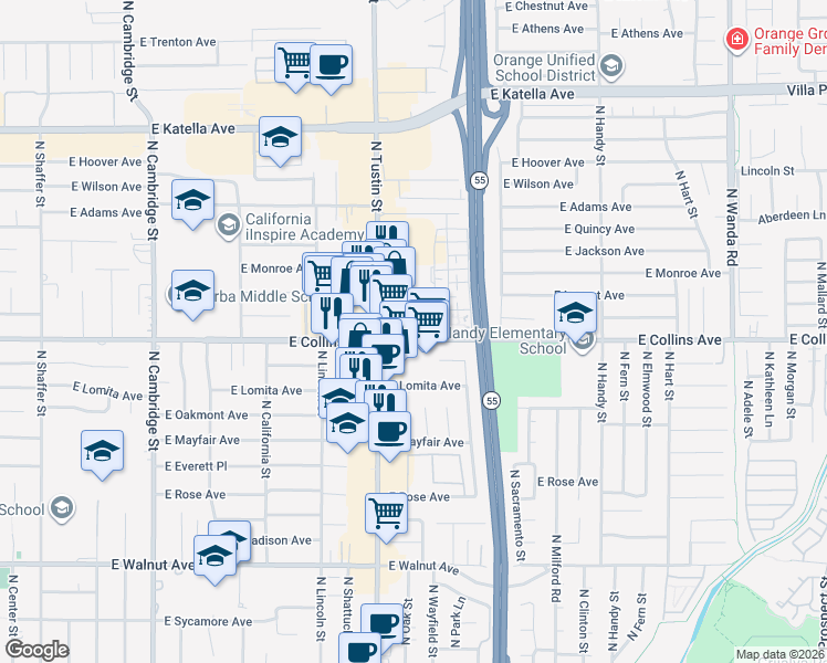 map of restaurants, bars, coffee shops, grocery stores, and more near 1801 East Collins Avenue in Orange
