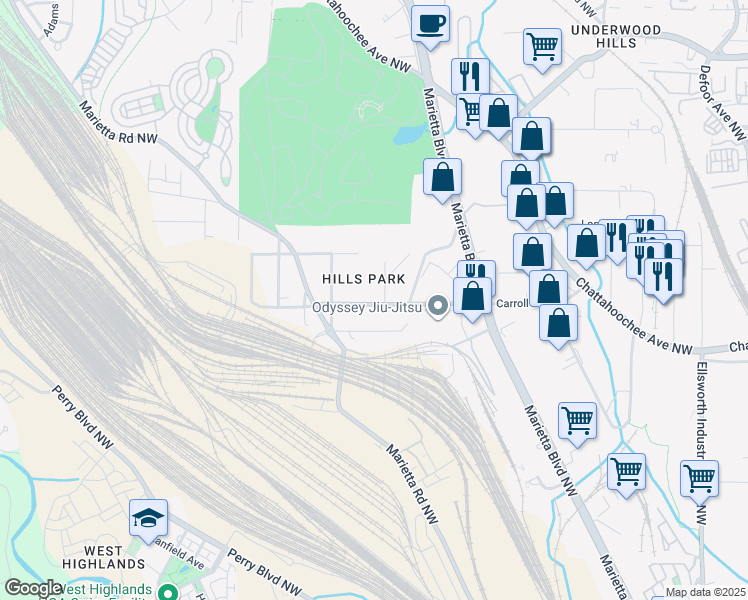 map of restaurants, bars, coffee shops, grocery stores, and more near 1625 Carroll Drive Northwest in Atlanta