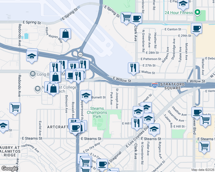 map of restaurants, bars, coffee shops, grocery stores, and more near 2530 Roycroft Avenue in Long Beach