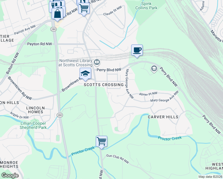 map of restaurants, bars, coffee shops, grocery stores, and more near 2438 2nd Street Northwest in Atlanta