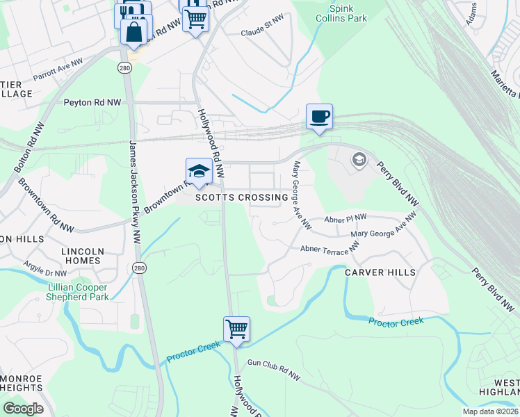 map of restaurants, bars, coffee shops, grocery stores, and more near 2438 2nd Street Northwest in Atlanta