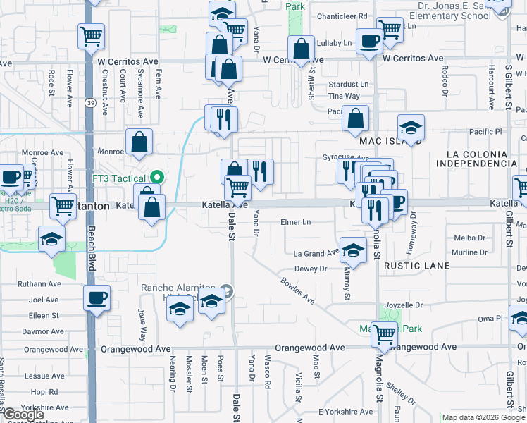 map of restaurants, bars, coffee shops, grocery stores, and more near 8612 Katella Avenue in Garden Grove