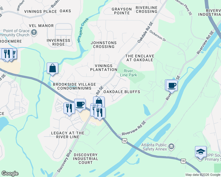 map of restaurants, bars, coffee shops, grocery stores, and more near 1561 Oakdale Bluffs Drive in Mableton