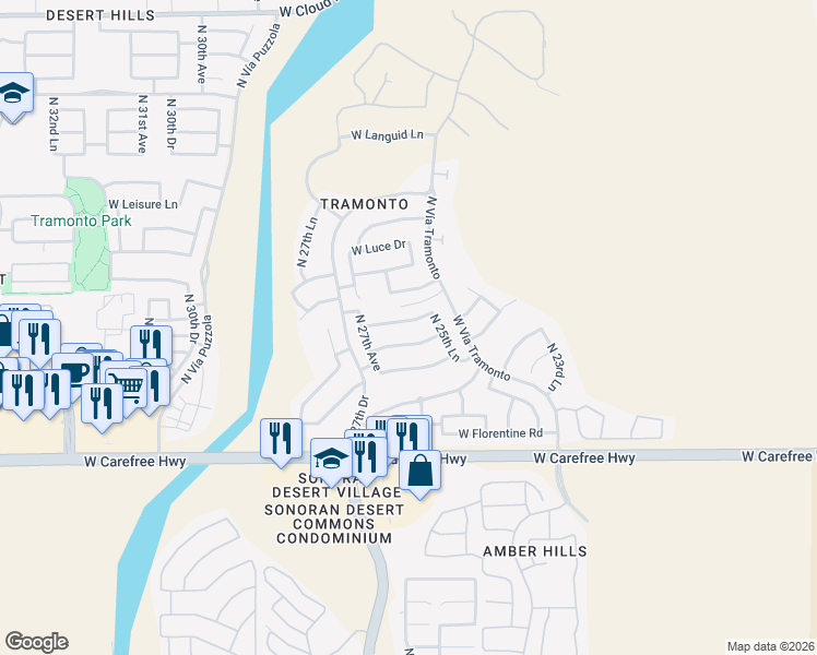 map of restaurants, bars, coffee shops, grocery stores, and more near 2605 West Perdido Way in Phoenix