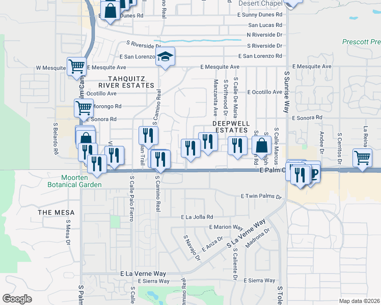 map of restaurants, bars, coffee shops, grocery stores, and more near 1025 East Suntan Lane in Palm Springs