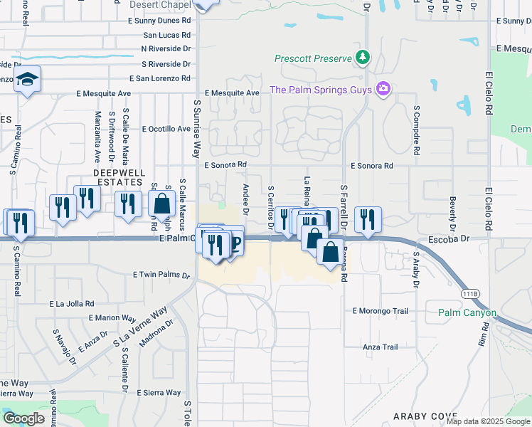 map of restaurants, bars, coffee shops, grocery stores, and more near 1621 South Cerritos Drive in Palm Springs