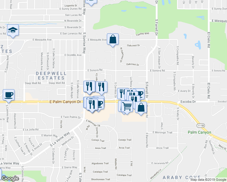 map of restaurants, bars, coffee shops, grocery stores, and more near 1621 South Cerritos Drive in Palm Springs