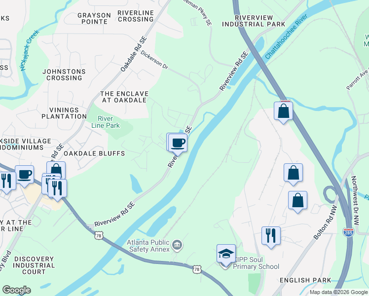 map of restaurants, bars, coffee shops, grocery stores, and more near 6163 Riverview Road Southeast in Mableton