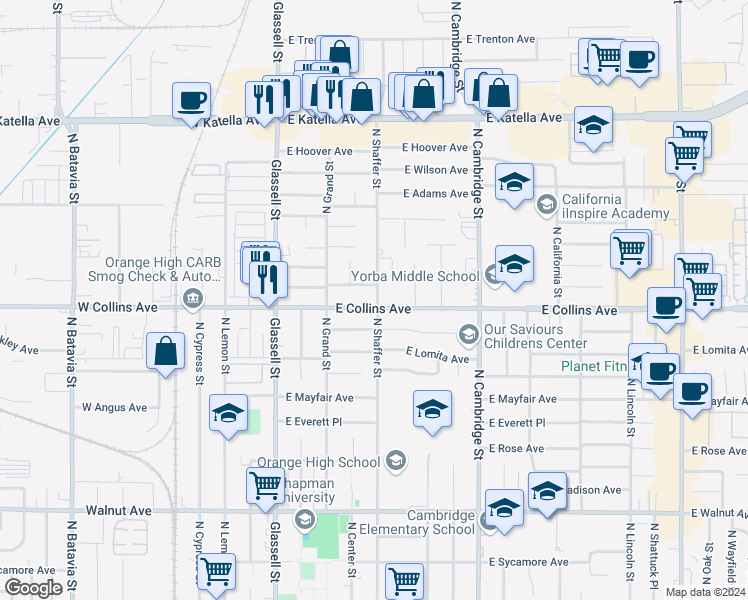 map of restaurants, bars, coffee shops, grocery stores, and more near 495 East Collins Avenue in Orange