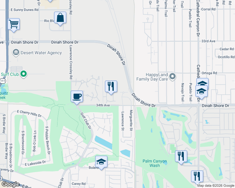 map of restaurants, bars, coffee shops, grocery stores, and more near 6253 Paseo De La Palma in Palm Springs