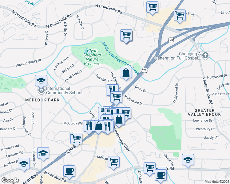 map of restaurants, bars, coffee shops, grocery stores, and more near 2665 Woodridge Drive in Decatur