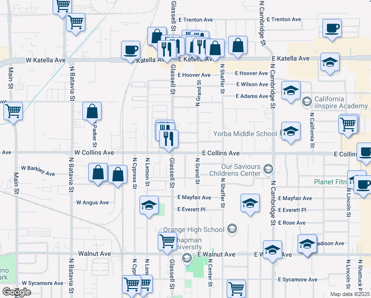 map of restaurants, bars, coffee shops, grocery stores, and more near 205 East Collins Avenue in Orange